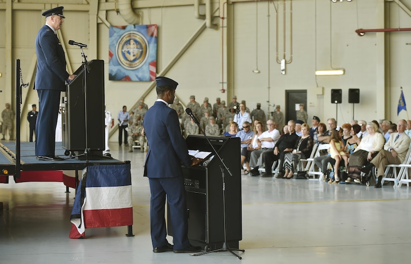 Col. Robert Lyman, 628th Air Base Wing and Joint Base Charleston outgoing commander, bids farewell to his joint team during a change of command ceremony at Nose Dock 2 here, July 6, 2017. Col. Jeffrey Nelson took command from Lyman during the ceremony. Lyman’s tenure began in July 2015. He is now scheduled for an assignment to Joint Special Operations Command, Fort Bragg, N.C., where he will be the director of communications.