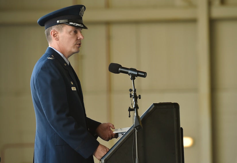 Col. Jeffrey Nelson, 628th Air Base Wing and Joint Base Charleston commander, shares his vision for the 628th ABW, installation and mission partners during a change of command ceremony at Nose Dock 2 here July 6, 2017. Nelson took command from Col. Robert Lyman, 628th ABW and Joint Base Charleston outgoing commander during the ceremony. U.S. Air Force Maj. Gen. Christopher Bence, U.S. Air Force Expeditionary Center commander, presided over the ceremony.