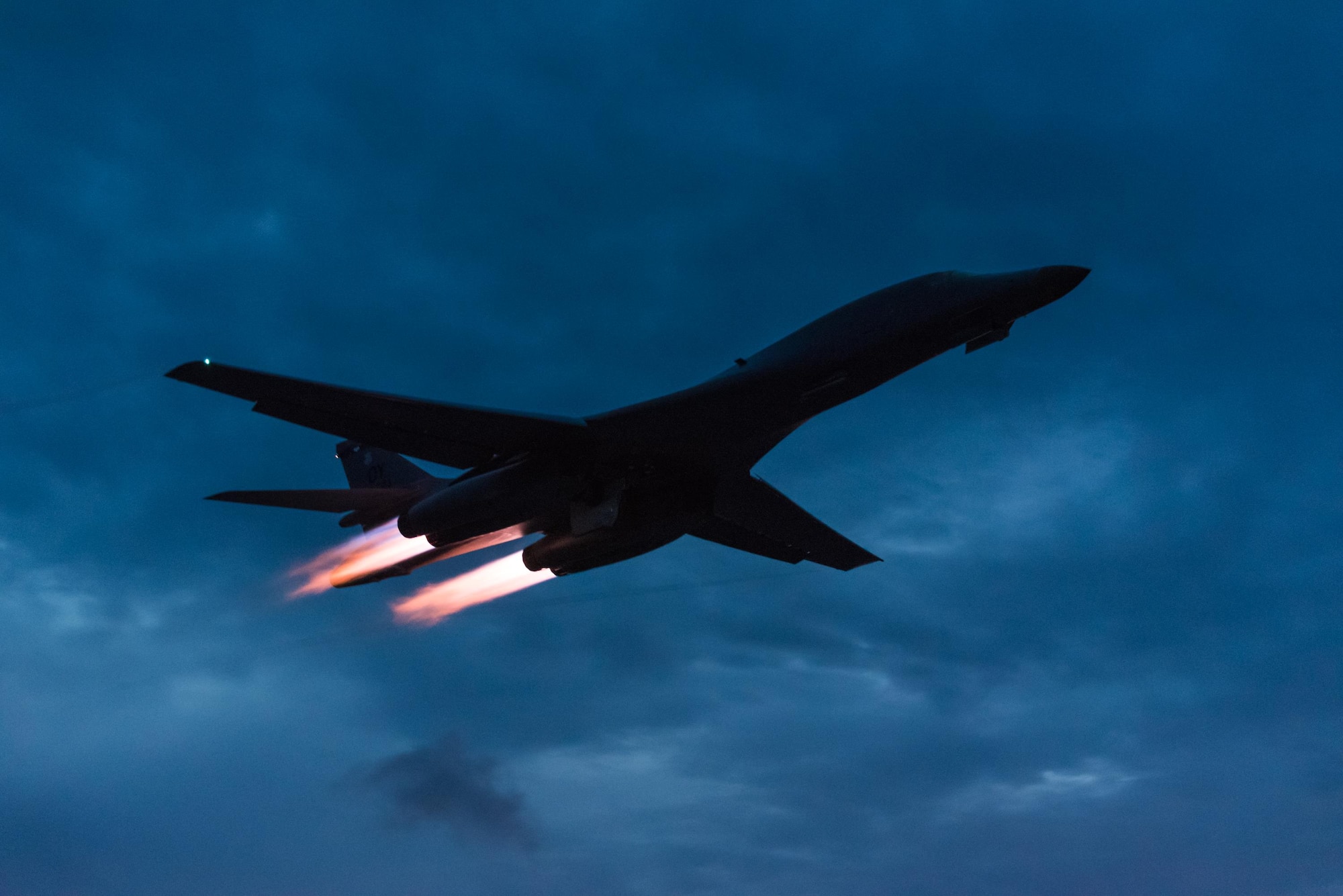 A U.S. Air Force B-1B Lancer assigned to the 9th Expeditionary Bomb Squadron, deployed from Dyess Air Force Base, Texas, takes off from Andersen Air Force Base, Guam to fly a bilateral mission with two Japan Air Self-Defense Force F-15’s over the East China Sea, July 6, 2017. This mission marks the first time U.S. Pacific Command B-1B Lancers have conducted combined training with JASDF fighters at night, demonstrating our increasing combined capabilities. (U.S. Air Force photo by Airman 1st Class Jacob Skovo)