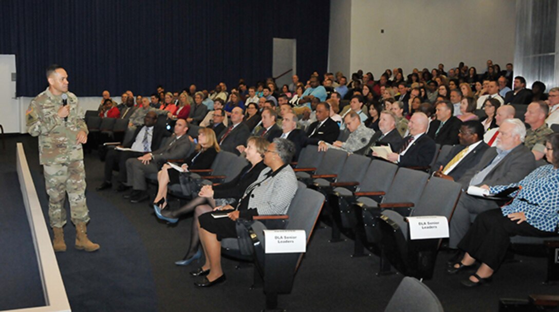 Command Sgt. Major Charles Tobin, DLA senior enlisted leader, addresses the headquarters workforce at a town hall, Fort Belvoir, Virginia, April 13, 2017.