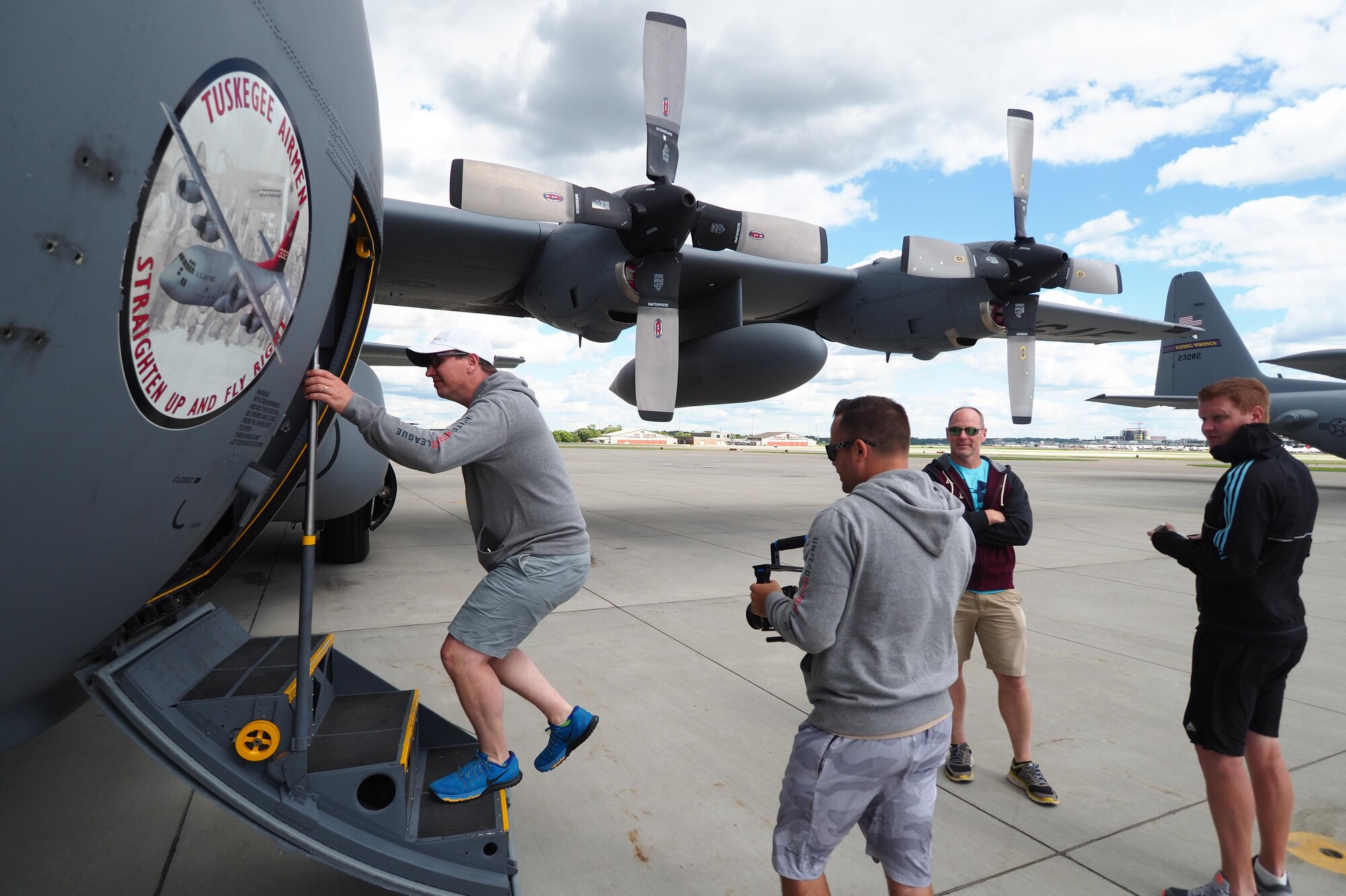 Members of the Minnesota United F.C. toured a 934th Airlift Wing C-130 June 25 after sponsoring participating in a Military Youth Soccer Clinic at the Minneapolis-St. Paul Air Reserve Station. (Photo by Paul Zadach)