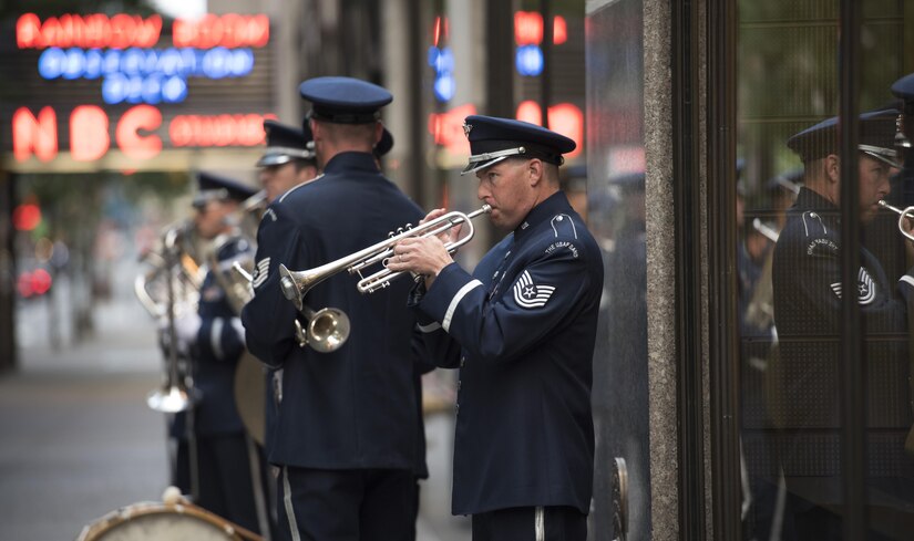 Tech. Sgt. Matthew Misener, U.S. Air Force Band trumpeter, plays the trumpet before a Today Show appearance in New York City, July 4, 2017. The band’s ceremonial brass ensemble made an appearance at the Today Show for Independence Day celebrations and later performed at Yankee Stadium for opening ceremonies for a Yankees baseball game. (US Air Force Photo by Airman 1st Class Gabrielle Spalding)