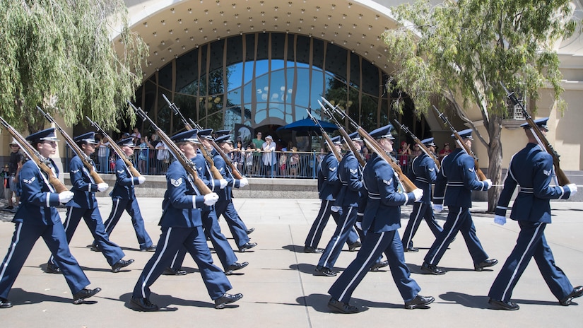 The U.S. Air Force Honor Guard marches throughout Disney’s California Adventure Park in Anaheim, Calif., June 28, 2017. In an effort to make a grand appearance among such a diverse audience, the group of 42 Airmen traveled to the Golden State and performed complex routines involving choreographed sequences of weapon maneuvers while maintaining a sense of professionalism and pristine appearance while in uniform. (U.S. Air Force photo by Senior Airman Jordyn Fetter)