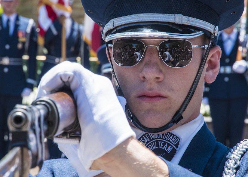 Airman 1st Class Skyler Cooley, U.S. Air Force Honor Guard Drill Team ceremonial guardsman, pauses after performing a kneeling bone crusher drill at Disney’s California Adventure Park in Anaheim, Calif., June 28, 2017. The team develops new performances every year at Keesler Air Force Base, Miss., and proceeds to share it with the world during various outreach events throughout the next year. (U.S. Air Force photo by Senior Airman Jordyn Fetter)