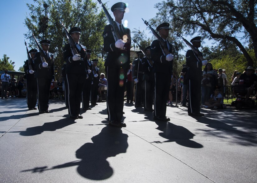 The U.S. Air Force Honor Guard marches in a Disneyland parade in Anaheim, Calif., June 28, 2017. In order to perform across the country with collective accuracy, the team practiced the routine approximately six times together before leaving Joint Base Anacostia-Bolling, District of Columbia, and prior to the start of each performance day on the trip. (U.S. Air Force photo by Senior Airman Jordyn Fetter)