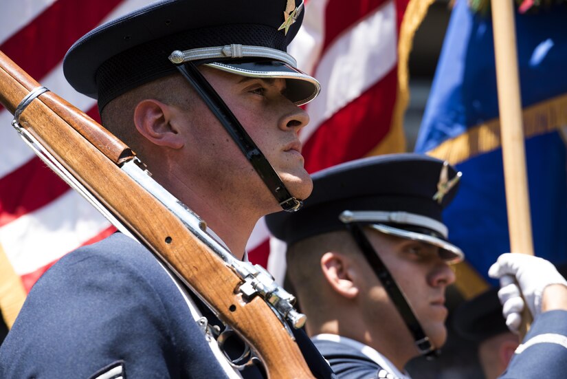 Staff Sgt. Scott Zawacki, U.S. Air Force Honor Guard ceremonial guardsman, stands at attention during the playing of the national anthem at Yankee Stadium in New York, July 4, 2017. The U.S. Air Force Band ceremonial brass quintet and an Honor Guard color team were there to represent the men and women of the U.S. Air Force and spread patriotism during the opening ceremonies at a Yankees baseball game. (US Air Force Photo by Airman 1st Class Gabrielle Spalding)