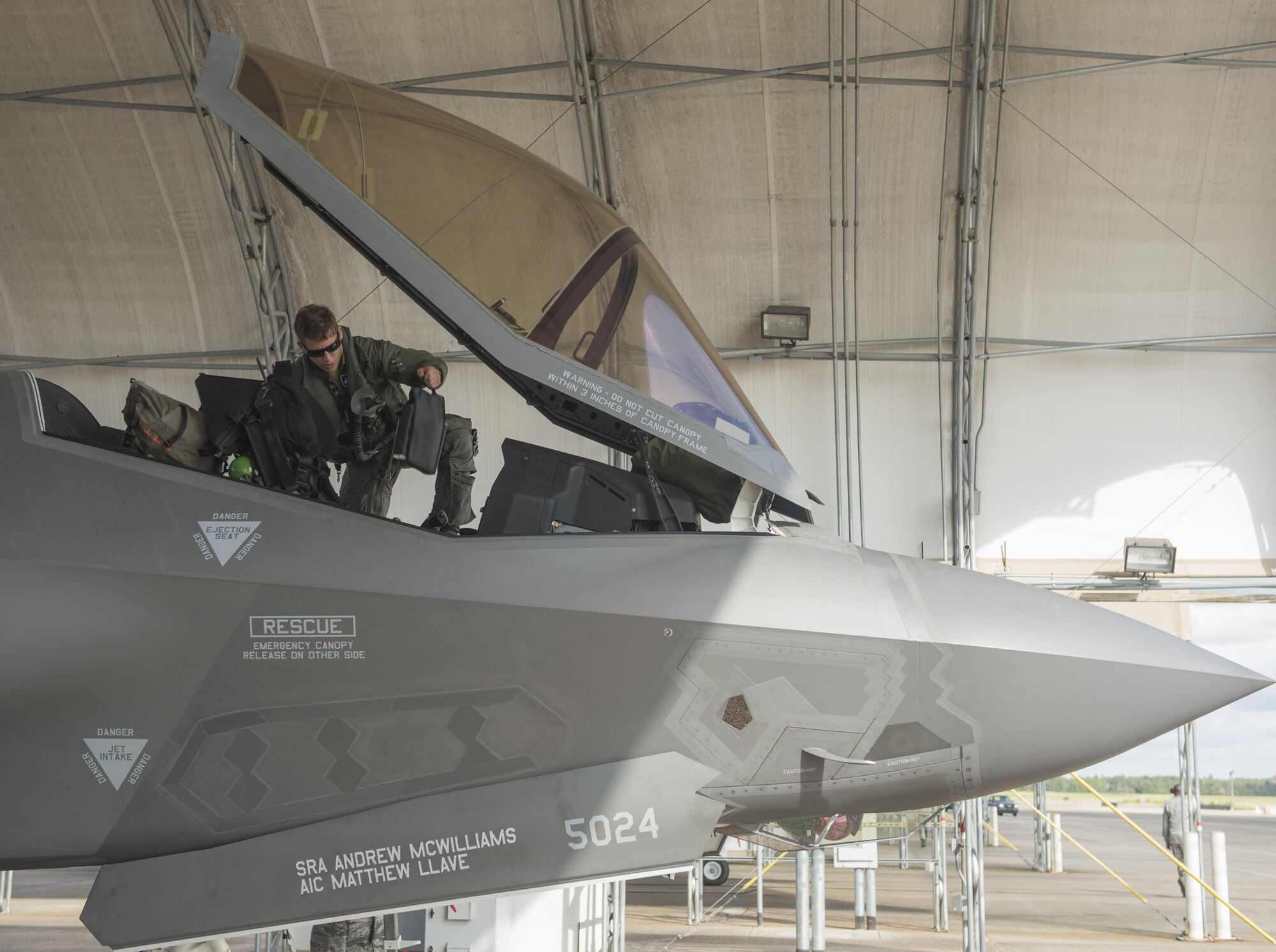 U.S Air Force Capt. Joshua Reddis, 58th Fighter Squadron pilot, enters an F-35A July 6, 2017, at Eglin Air Force Base, Fla. The 33rd Fighter Wing sent 7 F-35As and more than 120 personnel to Nellis Air Force Base, Nev., for Exercise Red Flag 17-3. Red Flag is the Air Force's premier international air-to-air combat training exercise that provides a realistic environment to train a variety of domains: air, ground, space and cyberspace. (U.S. Air Force photo by Staff Sgt. Peter Thompson/Released)