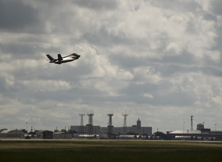 An F-35A Lightning II departs for Exercise Red Flag 17-3 July 6, 2017, at Eglin Air Force Base, Fla. The 33rd Fighter Wing sent 7 F-35As and more than 120 personnel to Nellis Air Force Base, Nev., for Exercise Red Flag 17-3. Red Flag is the Air Force's premier international air-to-air combat training exercise that provides a realistic environment to train a variety of domains: air, ground, space and cyberspace. (U.S. Air Force photo by Staff Sgt. Peter Thompson/Released)