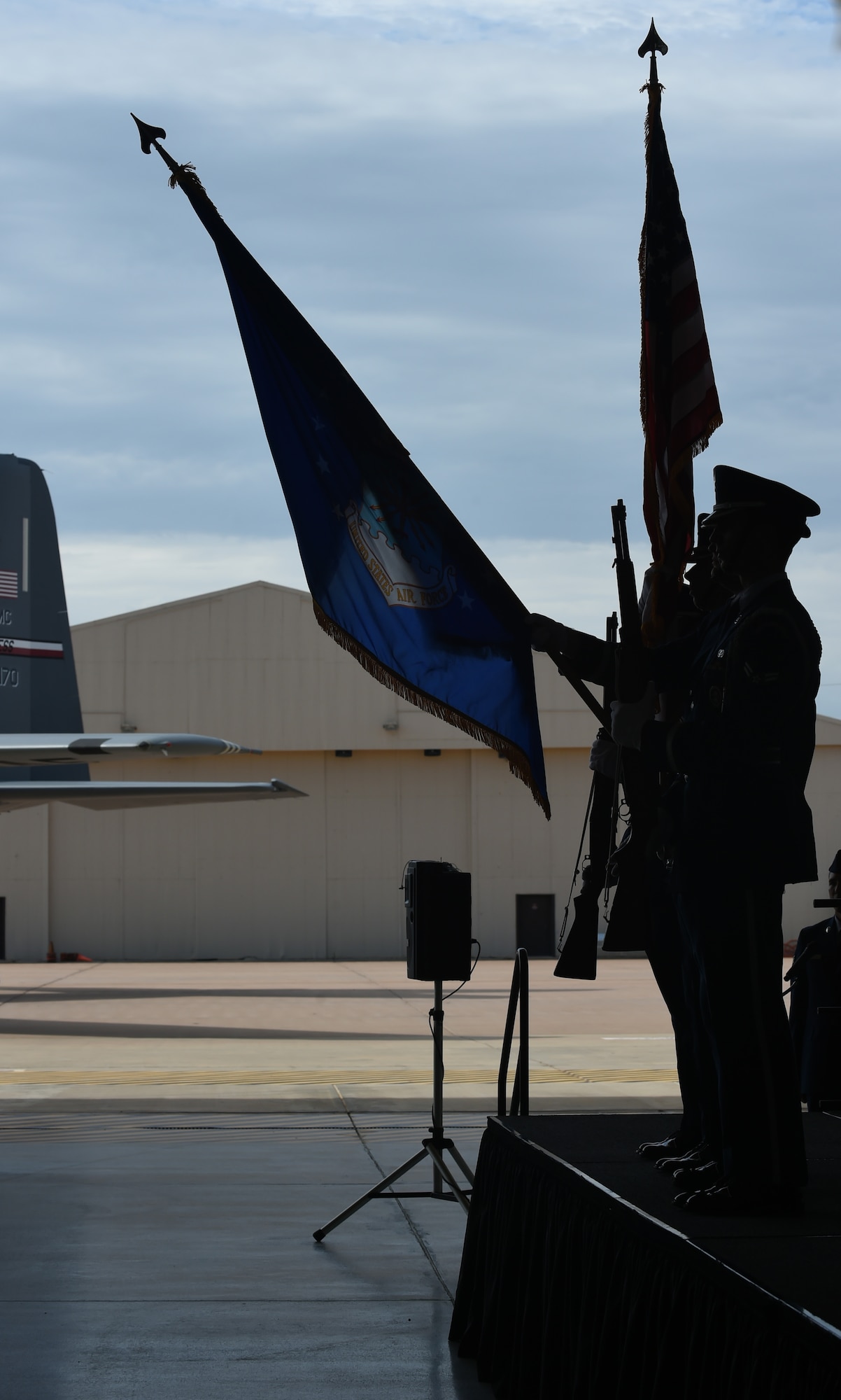 Members of Dyess Honor Guard present the colors during the 317th Airlift Wing activation ceremony at Dyess Air Force Base, Texas, July 6, 2017. Col. David Owens assumed command of the 317th AW, which is now comprised of two groups and five squadrons: the 317th Operations Group,317th Maintenance Group  39th Airlift Squadron, 40th Airlift Squadron, 317th Operations Support Squadron, 317th Aircraft Maintenance Squadron, and 317th Maintenance Squadron. (U.S. Air Force photo by Airman 1st Class Emily Copeland)