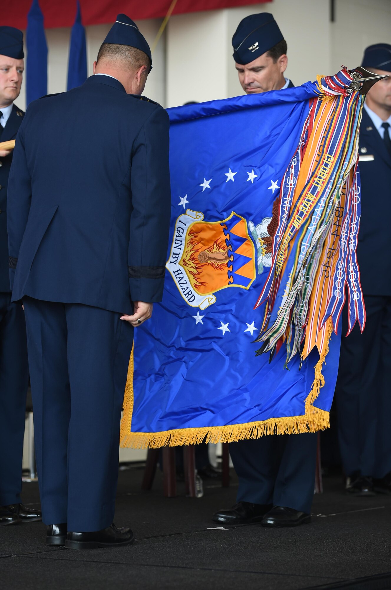 Members of Dyess Honor Guard present the colors during the 317th Airlift Wing activation ceremony at Dyess Air Force Base, Texas, July 6, 2017. Col. David Owens assumed command of the 317th AW, which is now comprised of two groups and five squadrons: the 317th Operations Group,317th Maintenance Group  39th Airlift Squadron, 40th Airlift Squadron, 317th Operations Support Squadron, 317th Aircraft Maintenance Squadron, and 317th Maintenance Squadron. (U.S. Air Force photo by Airman 1st Class Emily Copeland)