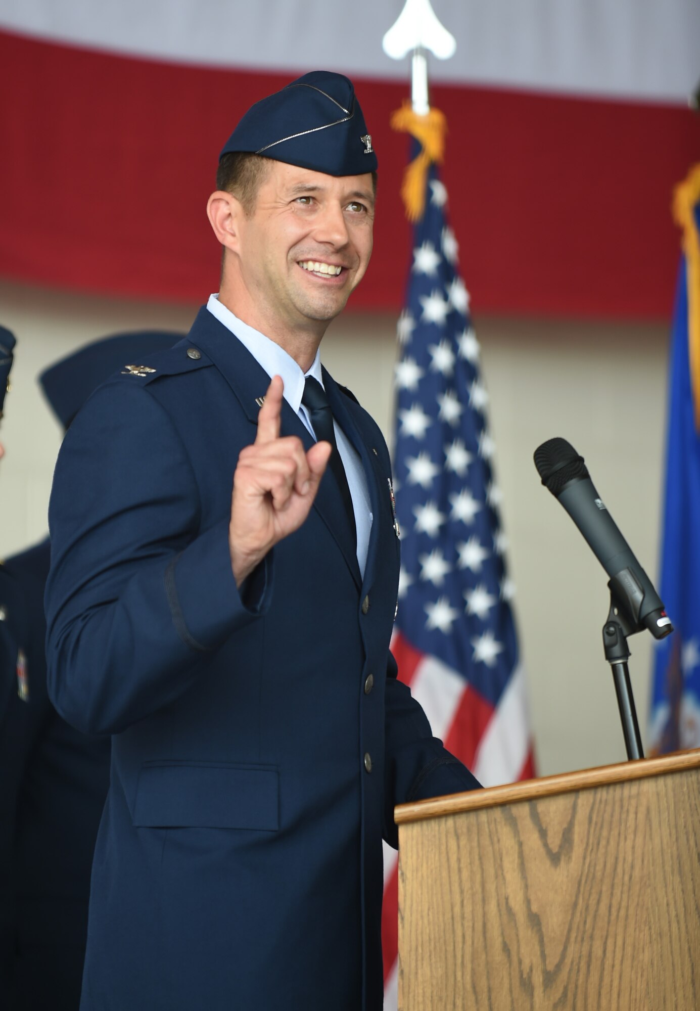 U.S. Air Force Col. William Maxwell, 317th Maintenance Group commander, gives his remarks after assuming command at Dyess Air Force Base, Texas, July 6, 2017. The 317th MXG supports the nation’s war-fighting capabilities by performing flightline and expert equipment maintenance on all assigned C-130H Hercules and C-130J Super Hercules aircraft accomplishing global reach missions. (U.S Air Force photo by Airman 1st Class Emily Copeland)