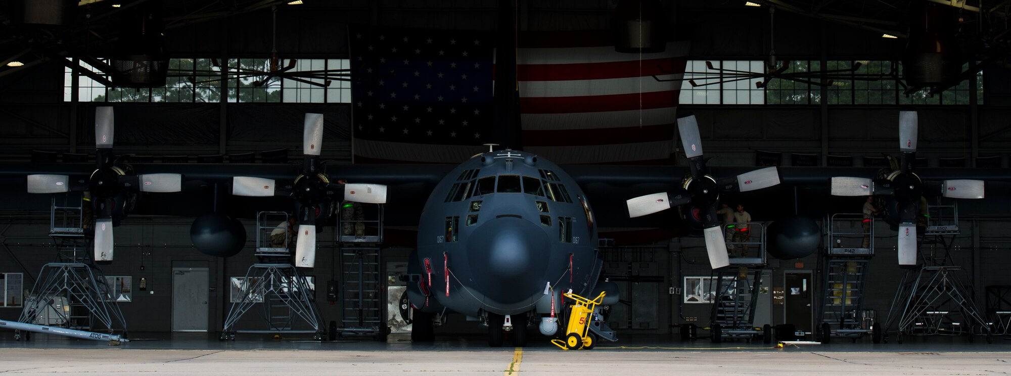 Aerospace propulsion technicians with the 1st Special Operations Aircraft Maintenance Squadron conducted maintenance on an AC-130U Spooky gunship here, July 6, 2017. Aerospace propulsion technicians test, maintain and repair AC-130U engines, preparing them to execute the mission any time, any place. The AC-130U is one of the Air Force’s premiere multi-role aircraft. It is used for missions such as close air support, air interdiction and armed reconnaissance. (U.S. Air Force photo by Airman 1st Class Joseph Pick)