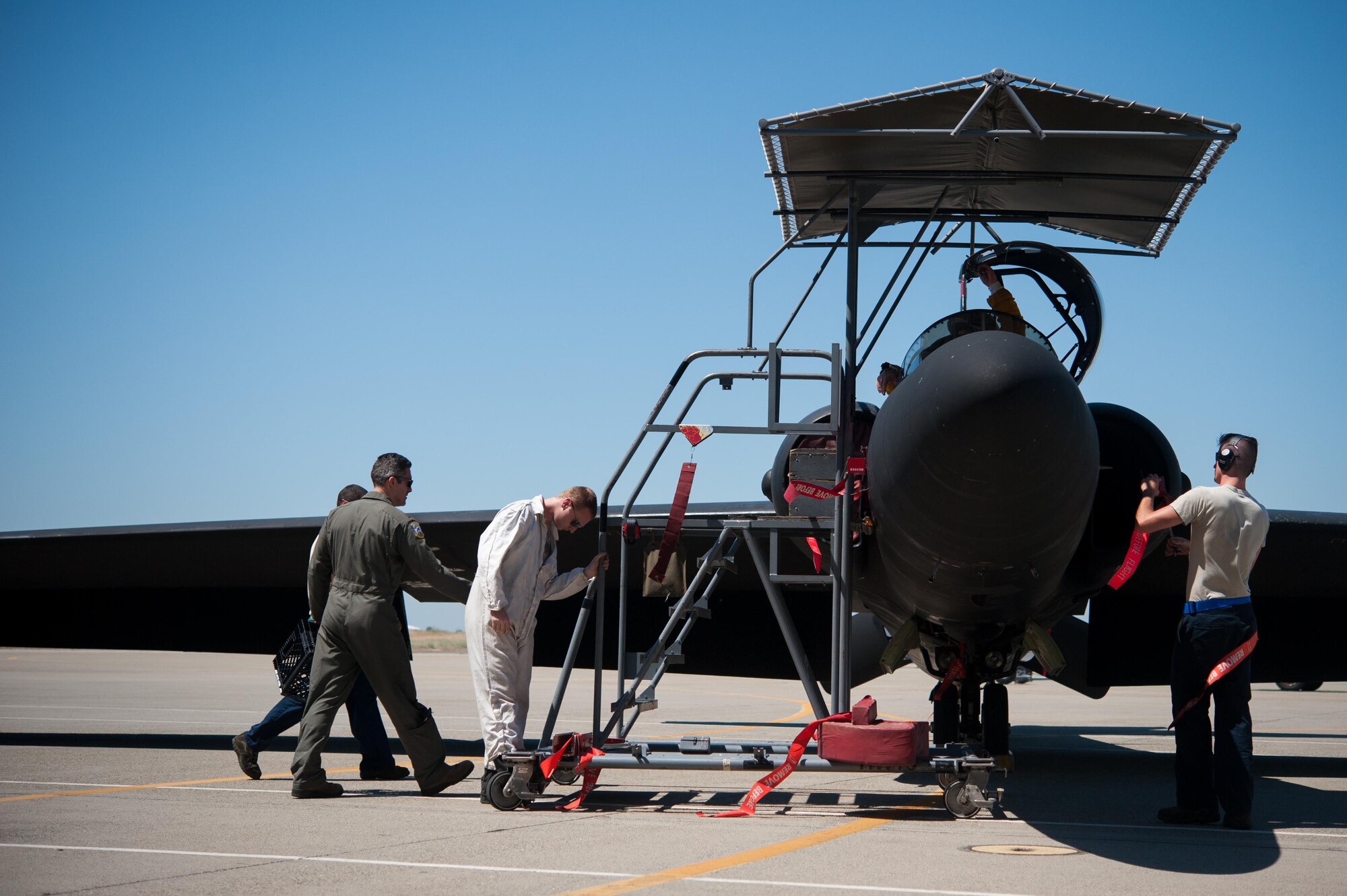 Crew chiefs with the 9th Aircraft Maintenance Squadron apply safing measures to a U-2 Dragon Lady after it has been recovered at Beale Air Force Base, Calif., June 20, 2017. The U-2 is a single-seat, single-engine, high-altitude/near space reconnaissance and surveillance aircraft providing signals, imagery, and electronic measurements and signature intelligence.

