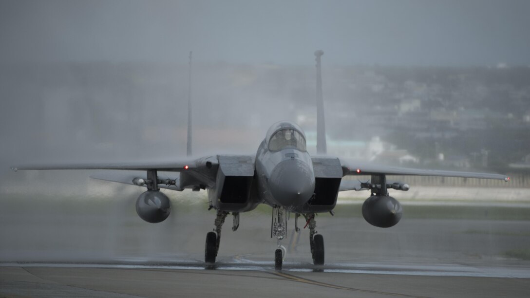 U.S. Air Force Brig. Gen. Barry Cornish, 18th Wing commander, taxis an F-15 Eagle from the 67th Fighter Squadron down the flightline June 29, 2017, at Kadena Air Base, Japan.  The F-15 is the primary aircraft that Cornish has flown in his career of more than 2,200 flight hours. (U.S. Air Force photo/ Airman 1st Class Greg Erwin)
