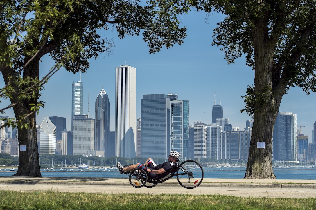 Air Force Master Sgt. Israel “DT” Del Toro of Team Special Operations Command races a recumbent cycle during the 2017 Department of Defense Warrior Games in Chicago, July 6, 2017. The annual event allows wounded, ill and injured service members and veterans to compete in Paralympic-style sports. DoD photo by EJ Hersom