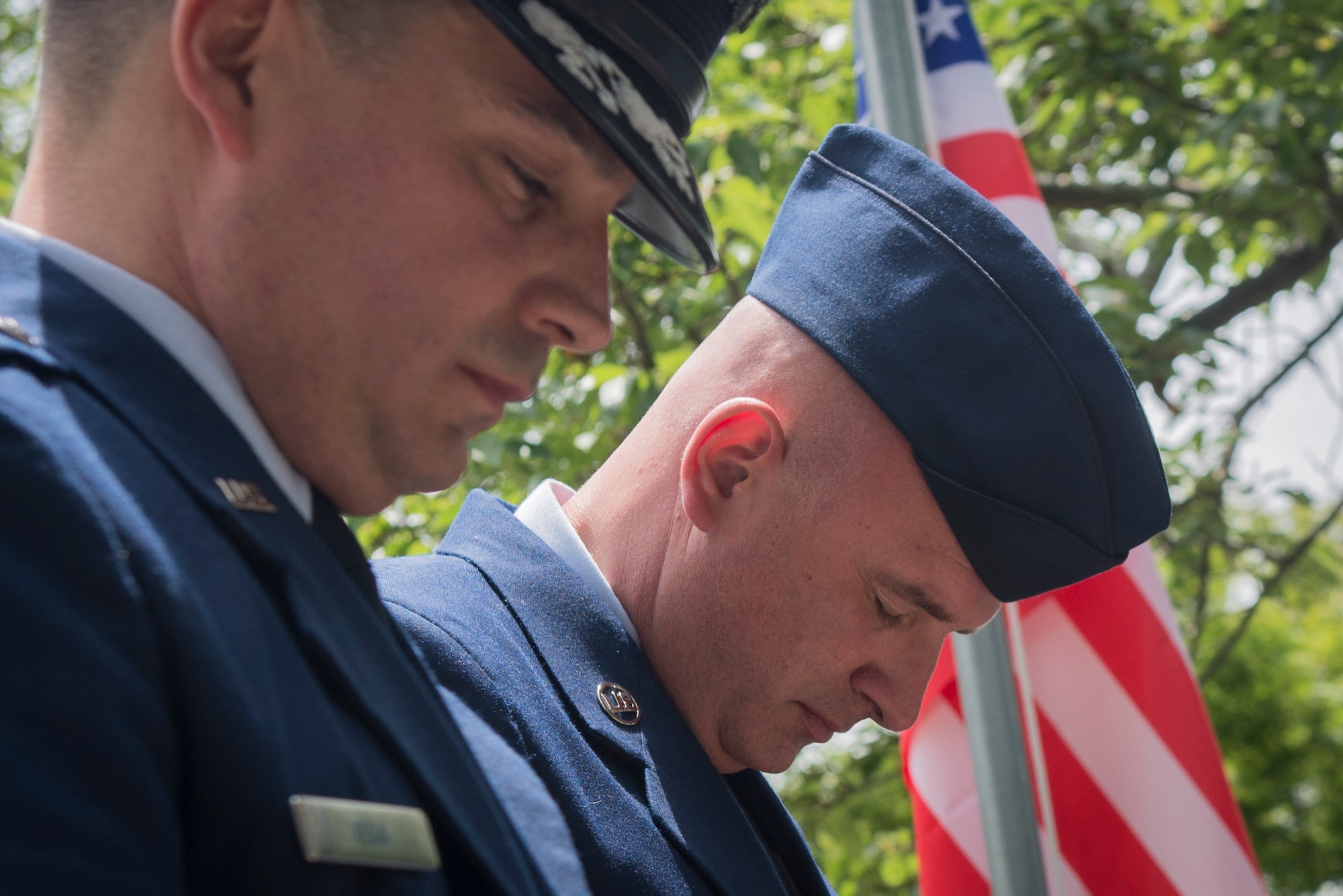 Col. Sergio J. Vega Jr., 374th Airlift Wing vice commander, left, and Chief Master Sgt. Christopher M. Yevchak, 374 AW command chief master sergeant, pay their respects to the victims of a U.S. Army Air Forces’ B-29 bombing raid during World War II, June 24, 2017, at Shizuoka City, Japan. Since 1972, Yokota Air Base Airmen have volunteered their time to take part in a US-Japan joint memorial service to pay respect to those who lost their lives on June 19, 1945, during a World War II air raid over Shizuoka. (U.S. Air Force photo by Airman 1st Class Juan Torres)