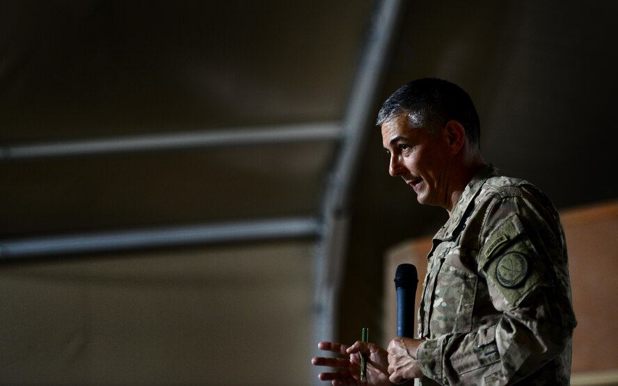 U.S. Army Lt. Gen. Stephen Townsend, Combined Joint Task Force – Operation Inherent Resolve commanding general, speaks with Airmen, Marines, and coalition personnel thanking them for the many contributions in support of OIR during an all-call at the 407th Air Expeditionary Group in Southwest Asia July 6, 2017. The general spent his visit meeting with Airmen and Marines and discussing the various missions they perform at the 407th AEG and the Special Marine Air Ground Task Force. (U.S. Air Force photo by Tech Sgt. Andy M. Kin)