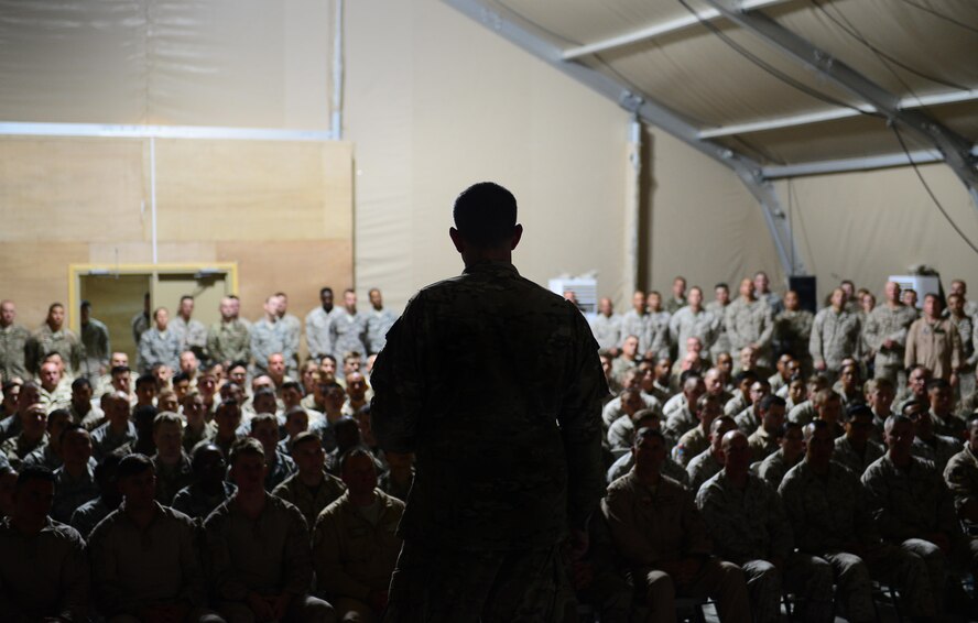 U.S. Army Lt. Gen. Stephen Townsend, Combined Joint Task Force – Operation Inherent Resolve commanding general, speaks with Airmen, Marines, and coalition personnel thanking them for the many contributions in support of OIR during an all-call at the 407th Air Expeditionary Group in Southwest Asia July 6, 2017. The general spent his visit meeting with Airmen and Marines and discussing the various missions they perform at the 407th AEG and the Special Marine Air Ground Task Force. (U.S. Air Force photo by Tech Sgt. Andy M. Kin)