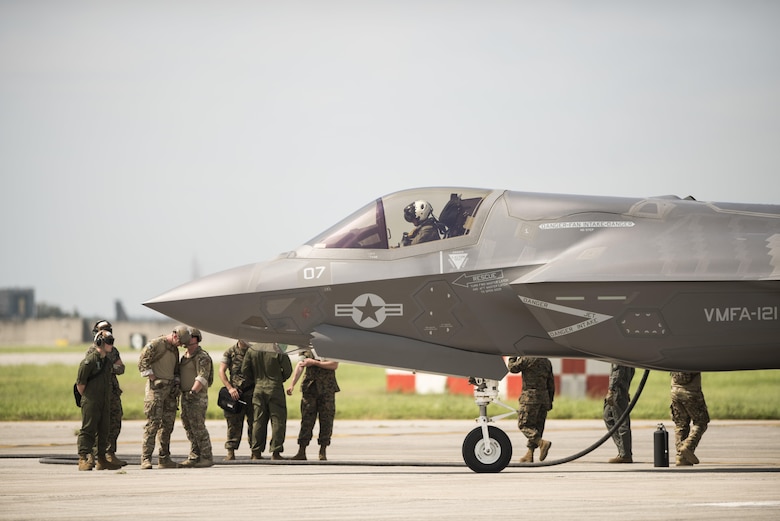 U.S. Air Force 353rd Special Operations Group, 18th Logistics Readiness Squadron, and Marine Wing Support Squadron 172 refueling teams refuel a Marine Fighter Attack Squadron 121 F-35B Lightning II during a joint forward area refueling point joint training exercise June 27, 2017, at Kadena Air Base, Japan. Marines from the Marine Fighter Attack Squadron (VMFA) 121 and Marine Wing Support Squadron 172 conducted a FARP operation alongside Airmen from the 353rd Special Operations Group and 18th Wing, enhancing joint operations. (U.S. Air Force photo by Senior Airman Omari Bernard)