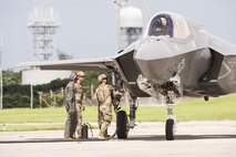 U.S. Airmen from 353rd Special Operations Group and 18th Logistics Readiness Squadron stand by with Marines from Marine Wing Support Squadron 172 refuel a Marine Fighter Attack Squadron 121 F-35B Lightning II during a forward area refueling point joint training exercise June 27, 2017, at Kadena Air Base, Japan. FARP enables the Air Force to perform a wide range of missions across multiple domains and brings the most advanced technologies and capabilities of the U.S. military to the region by enabling aircraft to land, refuel and take off again. (U.S. Air Force photo by Senior Airman Omari Bernard)