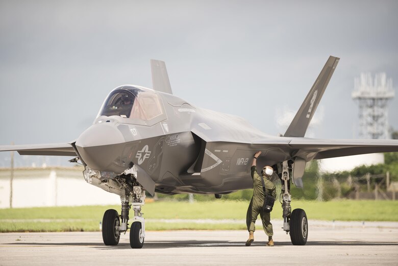 A U.S. Marine Fighter Attack Squadron 121 F-35B Lightning II taxis on the flightline during forward area refueling point joint training exercise June 27, 2017, at Kadena Air Base, Japan. The training between services gave the Marine Corps a unique opportunity to practice joint operations with the 353rd Special Operations Group by utilizing the MC-130J Commando II and MC-130H Talon II's unique ability to air deliver 18th Logistics Squadron ground refueling operations to forward deployed locations. (U.S. Air Force photo by Senior Airman Omari Bernard)