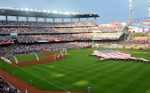 During the opening ceremony everyone in SunTrust Park was encouraged to recite the Pledge of Allegiance to the United States of America. A group of about 80 men and women from the Army, Georgia National Guard, Air National Guard and Air Force Reserve volunteered to help unfurl the flag during the opening ceremony events at the Atlanta Braves game July 4, Atlanta, Georgia.(U.S. Air Force photo by Staff Sgt. Jaimi L. Upthegrove)