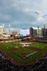 Flyover before the game against the Houston Astros at SunTrust Park on July 4, 2017 in Atlanta, Georgia. A group of about 80 men and women from the Army, Georgia National Guard, Air National Guard and Air Force Reserve volunteered to help carry the flag. The 187th Fighter Wing, Alabama Air National Guard performed the flyover. (Courtesy photo by Logan Riely/Beam Imagination/Atlanta Braves/Getty Images)