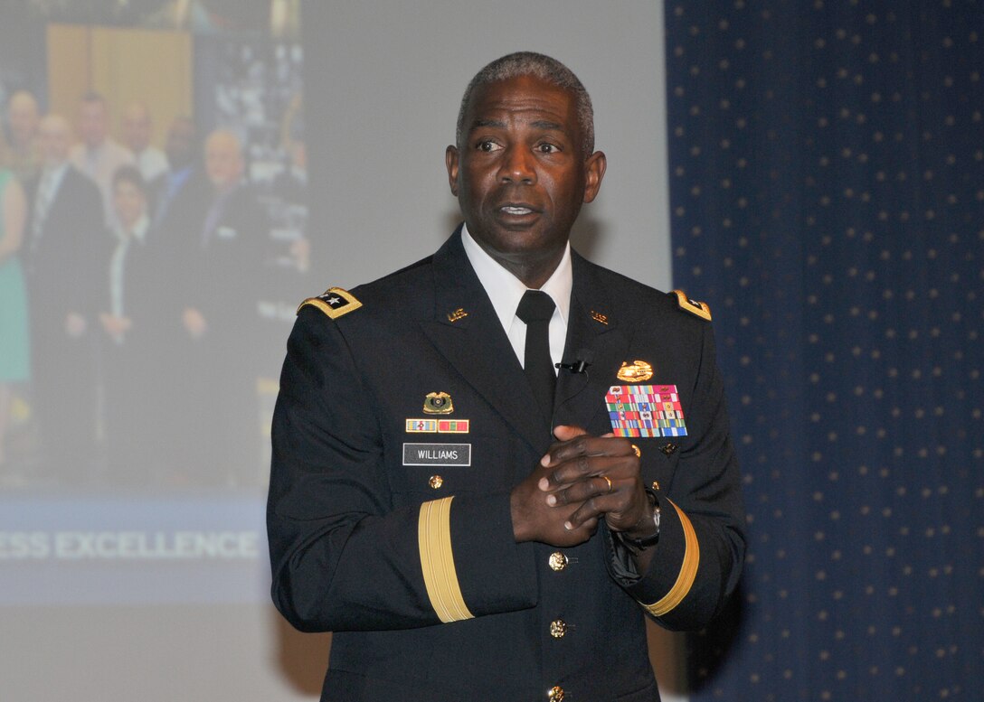 Defense Logistics Agency Director Army Lt. Gen. Darrell Williams speaks to the DLA Headquarters workforce about his personal and professional goals.