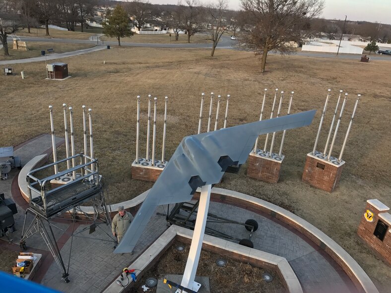 The mini B-2 static display after low observable maintainers from the 509th Maintenance Squadron used the vinyl-wrap technique to restore it at Whiteman Air Force Base, Mo. This technique is an environmentally friendly process that saved the Air Force $18,000. (Courtesy photo)