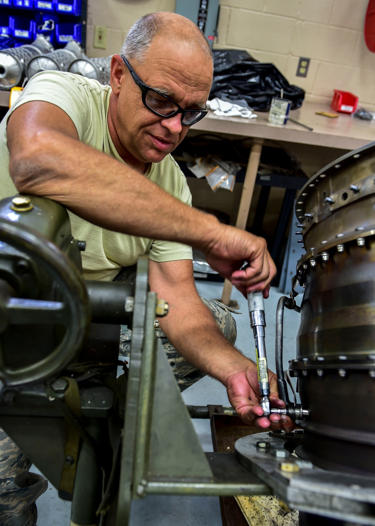 Master Sgt. Ben Sewall II, an aerospace propulsion craftsman from the 910th Maintenance Squadron here, rebuilds a C-130H turbine, July 6, 2017. Due to the extreme heat produced by the turbine, components eventually wear down and are replaced when found to be compromised during periodic inspections. (U.S. Air Force Photo/Senior Airman Jeffrey Grossi)