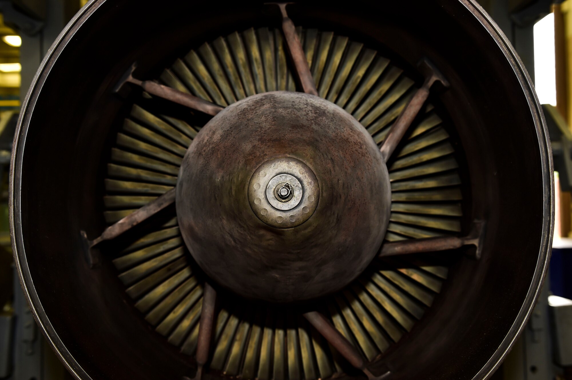 An Allison T56-A-15 turboprop engine sits inside the propulsion shop, July 6, 2017, here. The C-130H aircraft is equipped with four of these propulsion systems that provide 4,591 shaft-horsepower per engine, allowing the C-130H to carry payload of up to 45,000 pounds. (U.S. Air Force Photo/Senior Airman Jeffrey Grossi)