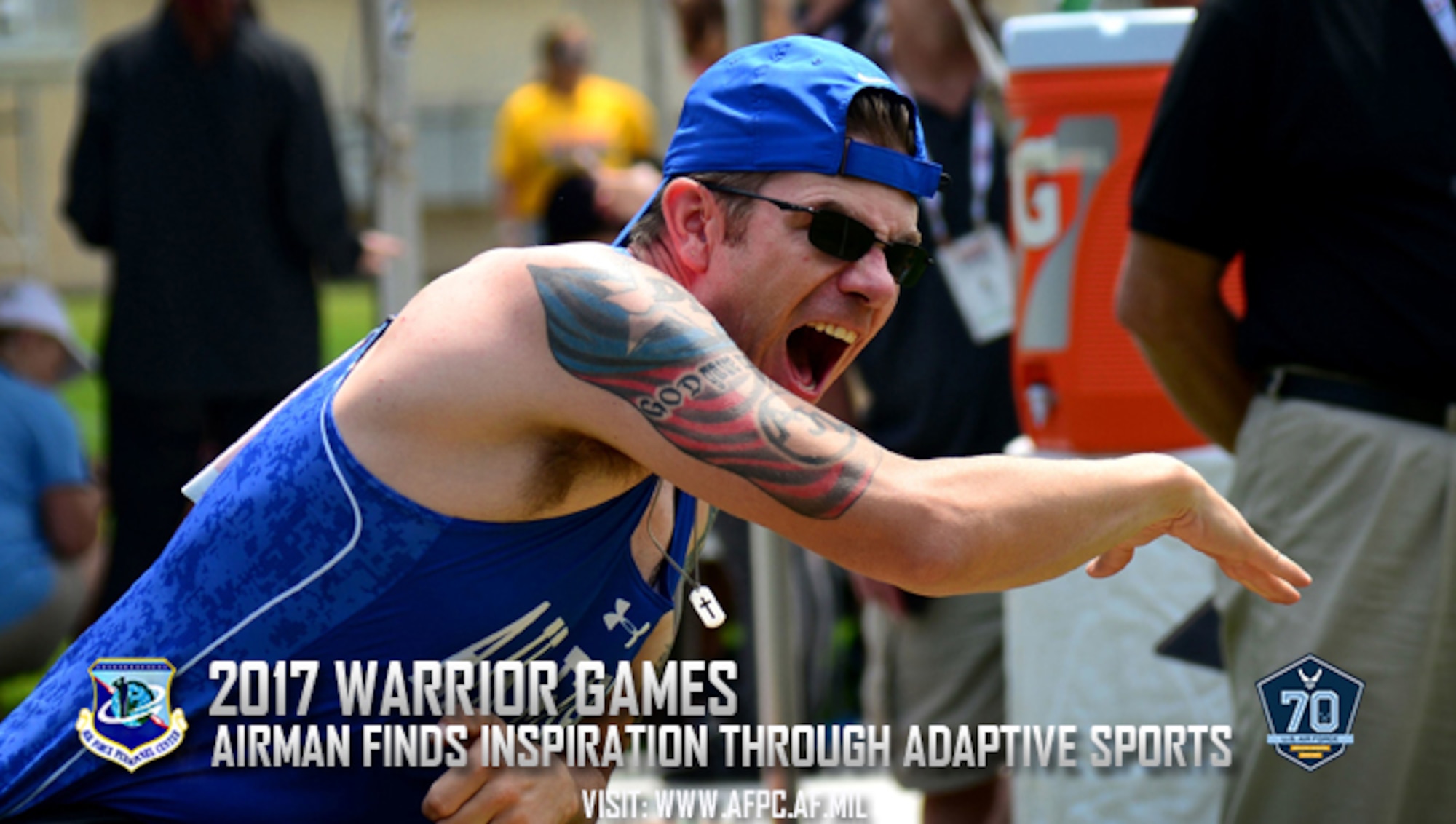 U.S. Air Force Staff Sgt. David Olson, an explosive ordnance disposal troop from Abilene, TX, competes in the seated shot put at the 2017 Department of Defense Warrior Games July 5, 2017 at Soldier Field, Chicago, Ill. A brush with suicide occurred near the beginning of 2017, and Olson recounted his personal struggle with suicidal ideations along with the toll his physical and invisible wounds have taken not just on his life, but on those of his loved ones. (U.S. Air Force photo by Staff Sgt. Alexx Pons)