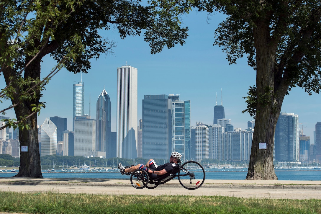 Master Sgt. Israel “DT” Del Toro of Team Special Operations Command races a recumbent cycle during the 2017 Department of Defense Warrior Games in Chicago July 6, 2017. The annual games allow wounded, ill and injured service members and veterans to compete in paralympic-style sports. DoD photo by EJ Hersom