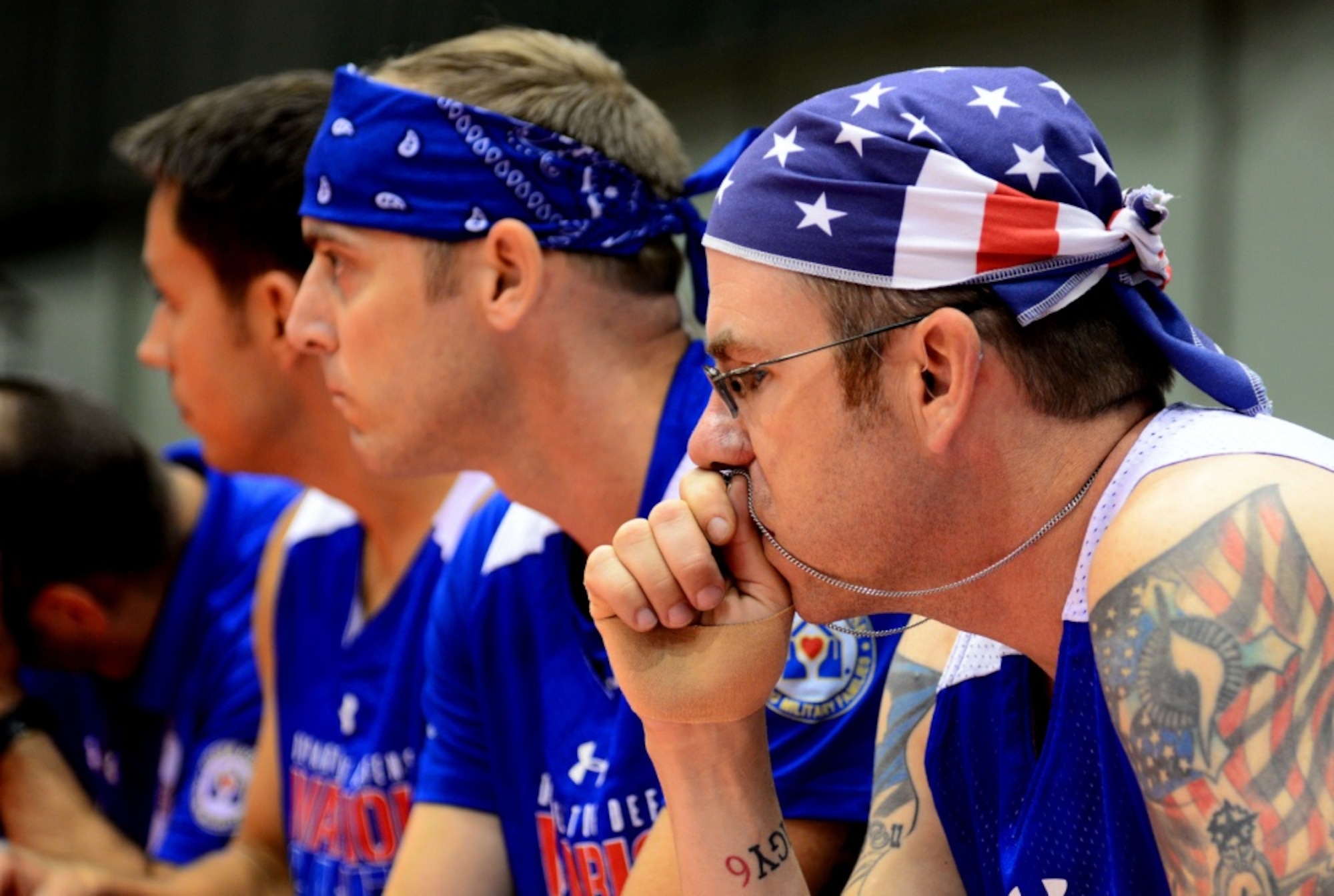 Air Force Staff. Sgt. David Olson, an explosive ordnance disposal troop from Abilene, Texas, says a silent prayer during a sitting volleyball match at the 2017 Warrior Games June 30, 2017, at McCormick Place-Lakeside Center in Chicago. Olson will also compete in field during this year’s games. (U.S. Air Force photo/Staff Sgt. Alexx Pons)