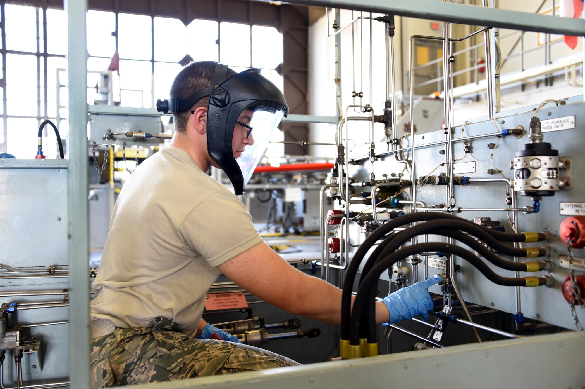 Airman Vincent Dinezza, 364th Training Squadron aircraft hydraulics apprentice operates the flight hydraulic trainer at Sheppard Air Force Base, Texas. This course is nine weeks long, with a total of eight blocks. (U.S. Air Force photo/Liz H. Colunga)
