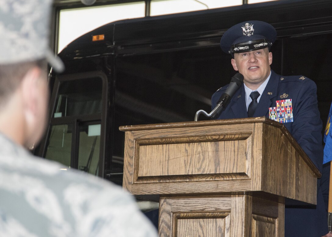Col. William H. Kale III, former 11th Mission Support Group commander, speaks during the 11th MSG change of command ceremony at Joint Base Andrews, Md., July 6, 2017. Kale relinquished his command of the group to Col. Bradley L. Johnson. Col. E. John Teichert, 11th Wing and JBA commander, presided over the ceremony. (U.S. Air Force photo by Senior Airman Jordyn Fetter)