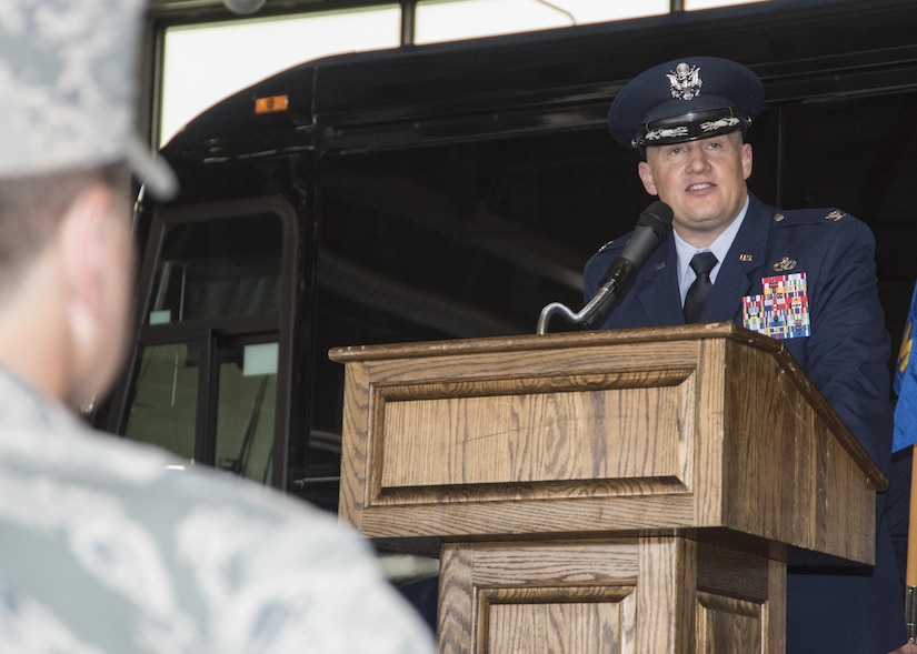 Col. William H. Kale III, former 11th Mission Support Group commander, speaks during the 11th MSG change of command ceremony at Joint Base Andrews, Md., July 6, 2017. Kale relinquished his command of the group to Col. Bradley L. Johnson. Col. E. John Teichert, 11th Wing and JBA commander, presided over the ceremony. (U.S. Air Force photo by Senior Airman Jordyn Fetter)