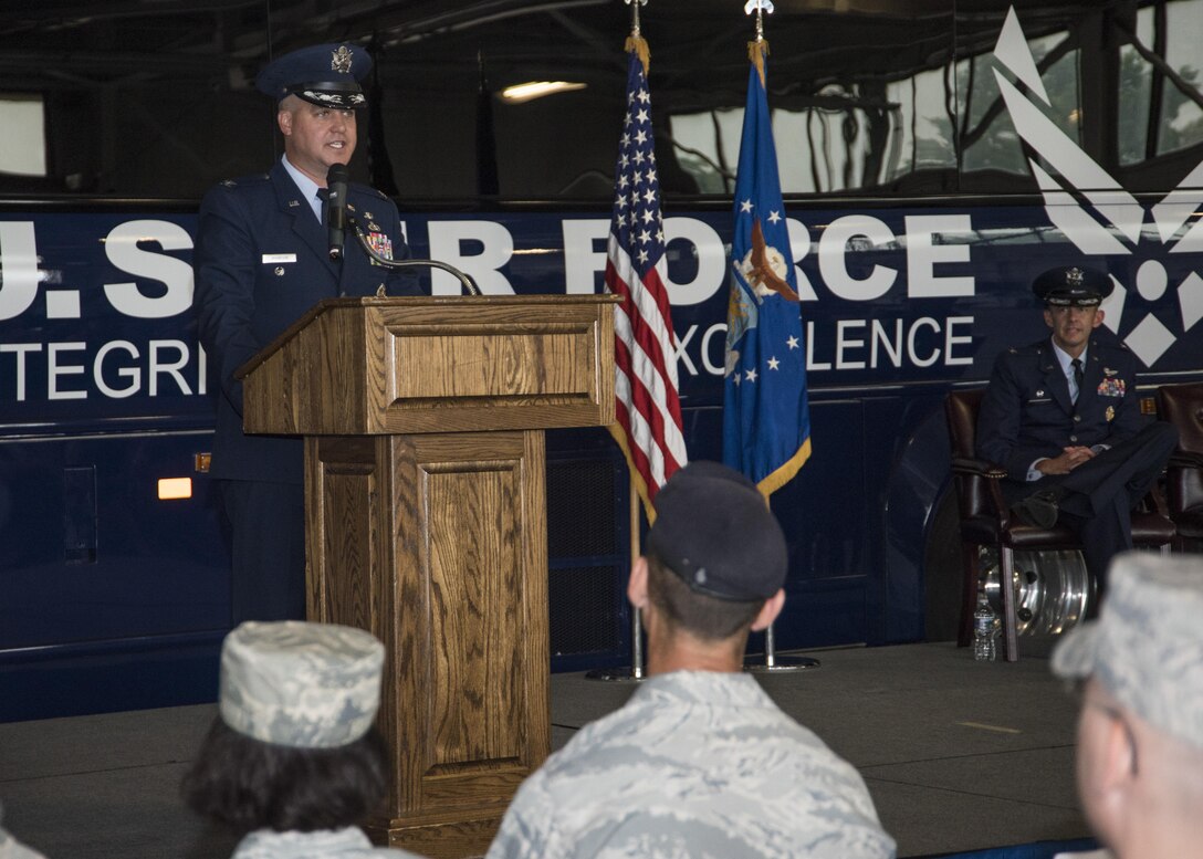 Col. Bradley L. Johnson, 11th Mission Support Group commander, addresses his new command for the first time during the 11th MSG change of command ceremony at Joint Base Andrews, Md., July 6, 2017. Johnson will preside over 1,500 personnel providing civil engineer, contracting, force support and logistics capabilities to 16,000 personnel throughout the National Capital Region. (U.S. Air Force photo by Senior Airman Jordyn Fetter)