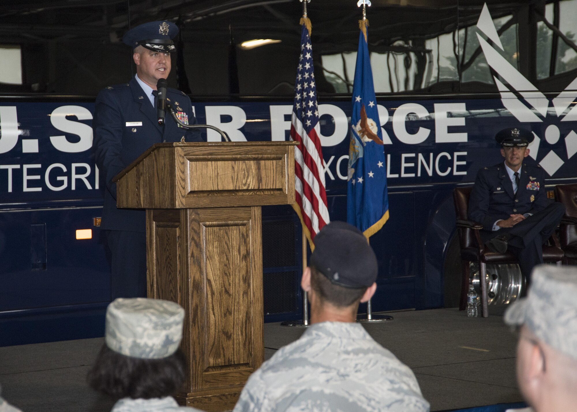 Col. Bradley L. Johnson, 11th Mission Support Group commander, addresses his new command for the first time during the 11th MSG change of command ceremony at Joint Base Andrews, Md., July 6, 2017. Johnson will preside over 1,500 personnel providing civil engineer, contracting, force support and logistics capabilities to 16,000 personnel throughout the National Capital Region. (U.S. Air Force photo by Senior Airman Jordyn Fetter)