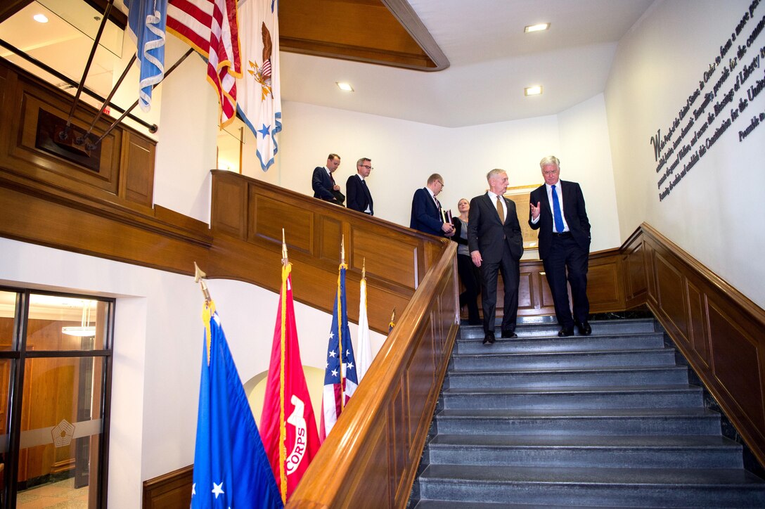 Defense Secretary Jim Mattis walks with British Secretary of Defense Michael Fallon following a meeting at the Pentagon in Washington, D.C., July 7, 2017. DoD photo by Army Sgt. Amber I. Smith