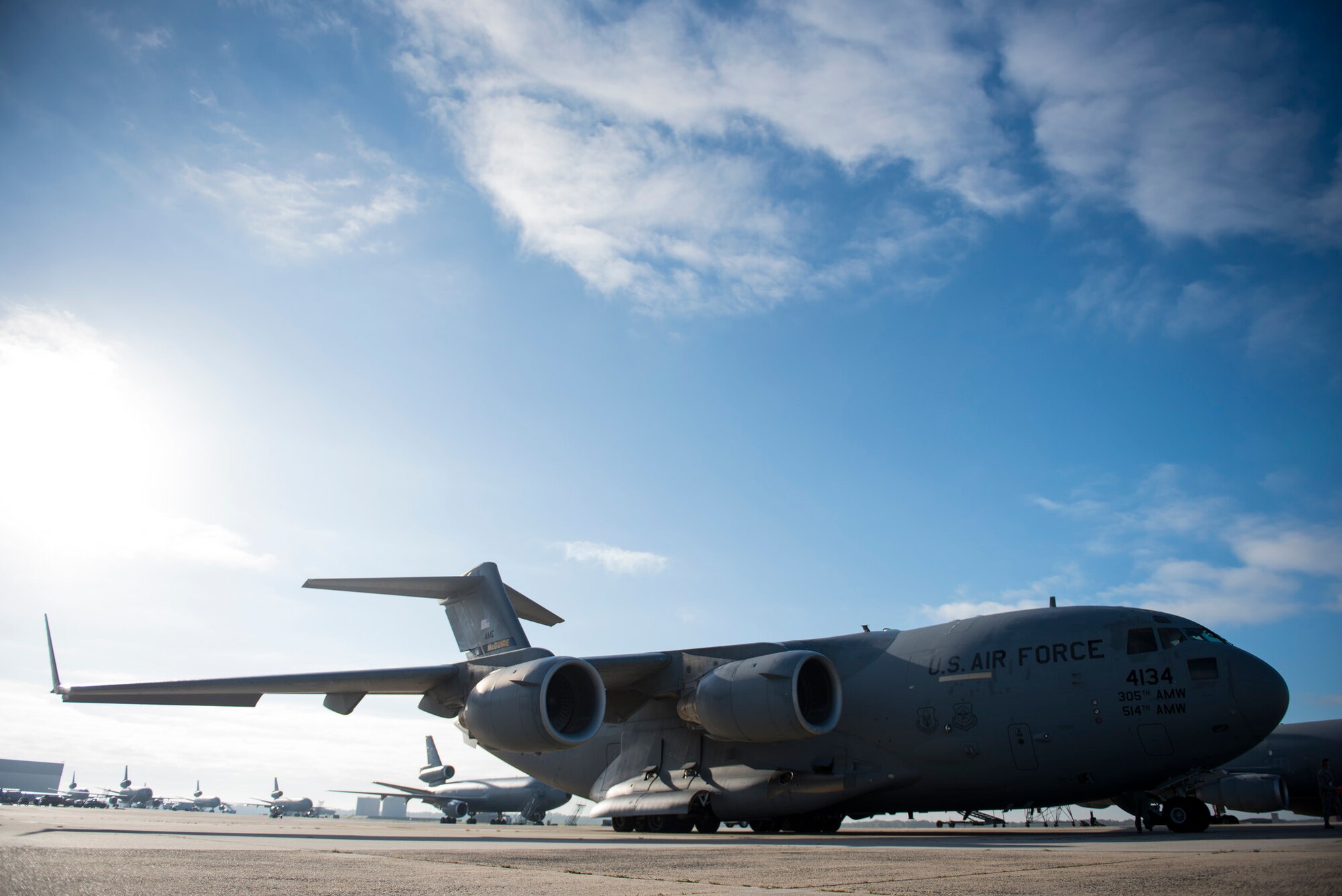 A C-17 Globemaster III from the 305th Air Mobility Wing prepares for take-off at Joint Base McGuire-Dix-Lakehurst, N.J., Oct. 6, 2016. The 305th AMW provided airlift to more than 30 Airmen from the 621st Contingency Response Wing from MDL to Port Au Prince International Airport, Haiti, in response to Hurricane Matthew last October.