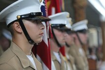 The 9th Marine Corps District color guard prepares to march on the colors during the 9MCD Change of Command ceremony where Col. Jason L. Morris relinquished command to Col. David M. Fallon, aboard Naval Station Great Lakes, Great Lakes, Ill., on July 7, 2017. (U.S. Marine Corps photo by Sgt. Jennifer Webster/Released)