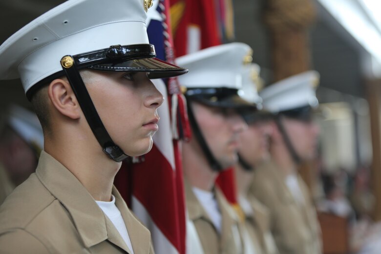 The 9th Marine Corps District color guard prepares to march on the colors during the 9MCD Change of Command ceremony where Col. Jason L. Morris relinquished command to Col. David M. Fallon, aboard Naval Station Great Lakes, Great Lakes, Ill., on July 7, 2017. (U.S. Marine Corps photo by Sgt. Jennifer Webster/Released)