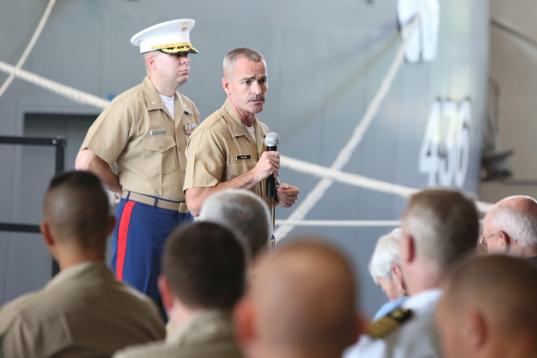 The incoming commanding officer, Col. David M. Fallon, addresses service member, families and friends during the 9MCD Change of Command ceremony aboard Naval Station Great Lakes, Ill., on July 7, 2017. (U.S. Marine Corps photo by Sgt. Jennifer Webster/Released)