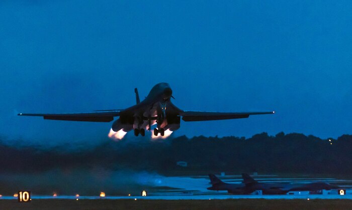 A U.S. Air Force B-1B Lancer assigned to the 9th Expeditionary Bomb Squadron, deployed from Dyess Air Force Base, Texas, takes off from Andersen Air Force Base, Guam to fly a bilateral mission with X Japan Air Self-Defense Force F-X’s over the East China Sea, July 6, 2017. This mission marks the first time U.S. Pacific Command B-1B Lancers have conducted combined training with JASDF fighters at night, demonstrating our increasing combined capabilities.