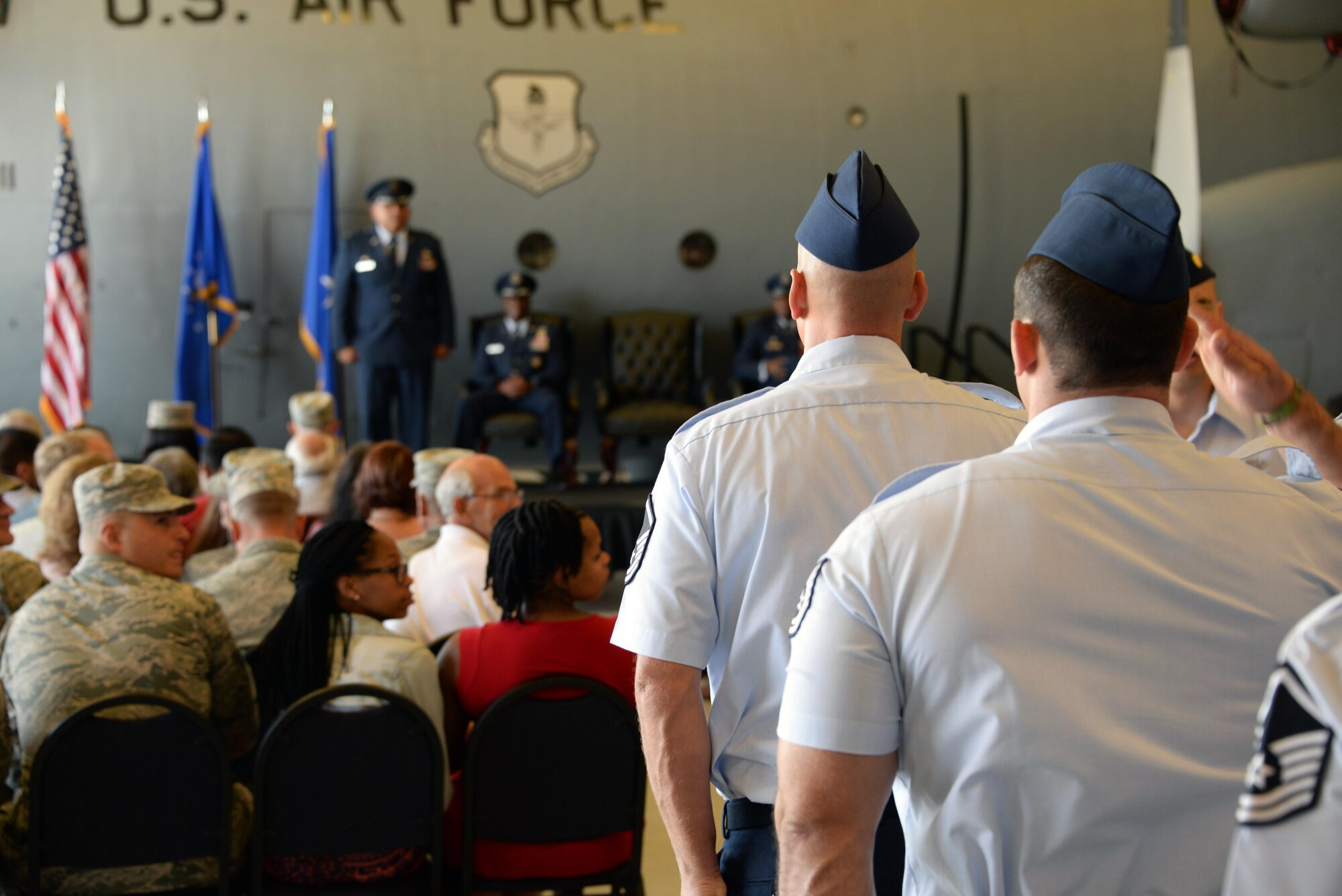 Members of the 982nd Training Group render their first salute to their new commander, Col. Anthony Puente, during a Change of Command ceremony July 7, 2017. (U.S. Air Force photo by Robert L. McIlrath)
