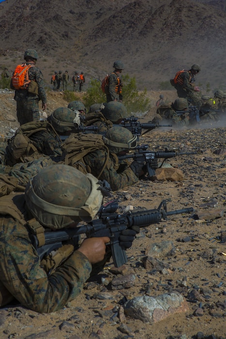 TWENTYNINE PALMS, Calif. – Marines with Echo Company, 2nd Battalion, 24th Marine Regiment, 4th Marine Division, Marine Forces Reserve, tackle Range 410A during Integrated Training Exercise 4-17 at Marine Corps Air Ground Combat Center Twentynine Palms, California on June 26, 2017. ITX allows Marines to maintain familiarity with basic military requirements and offers opportunities to learn from the difficulties associated with operating in an austere environment.