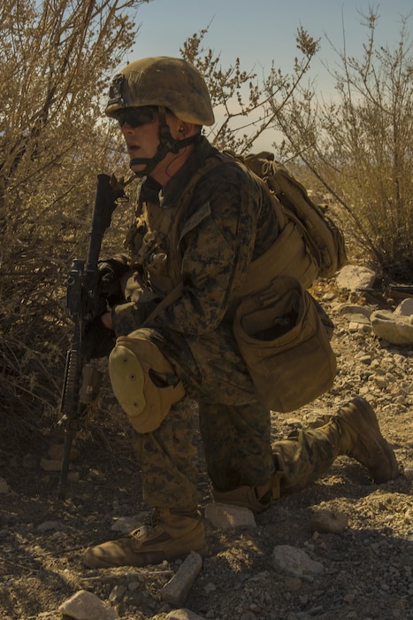 TWENTYNINE PALMS, Calif. – Lance Cpl. Caleb Schroeder a riflemen with Eco Company, 2nd Battalion, 24th Marine Regiment, 4th Marine Division, Marine Forces Reserve, prepares to move to the next objective at Range 410A at Marine Corps Air Ground Combat Center Twentynine Palms, California on June 26, 2017. The battalion conducted live-fire platoon attacks at the range during Integrated Training Exercise 4-17, which requires battalions and squadrons to integrate together as a cohesive team through shared planning, briefing rehearsals, execution and debriefing.