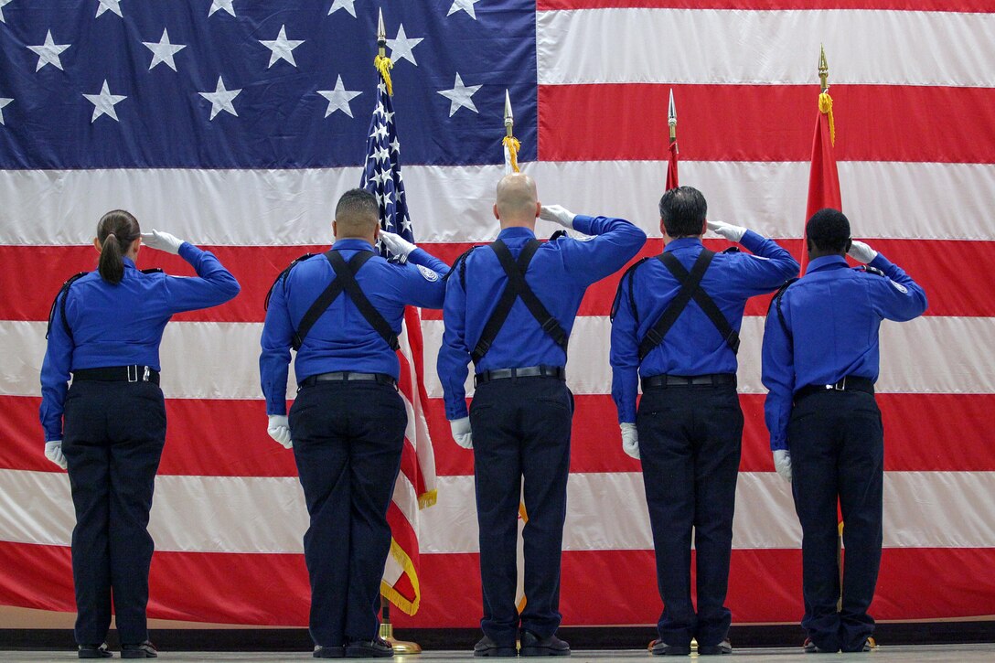Members of the Transportation Security Administration Honor Guard from the Nashville Airport post the colors during the U.S. Army Corps of Engineers Nashville District Change of Command Ceremony July 7, 2017 at the Tennessee National Guard Armory in Nashville, Tenn. Lt. Col. Cullen A. Jones became the 65th commander of the district. 