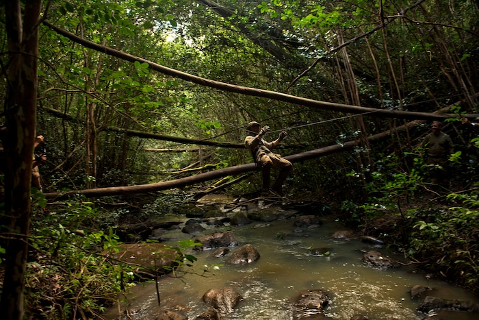 Air Force Senior Airman Andrew Schuler uses a rope bridge to cross a creek during a jungle warfare training exercise on the island of Oahu, Hawaii. Airmen learned how to rig and cross the bridge as part of their training with soldiers. Air Force photo by Master Sgt. Jeffrey Allen
